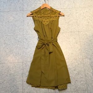 Olive green high collar and waist lacy mini dress